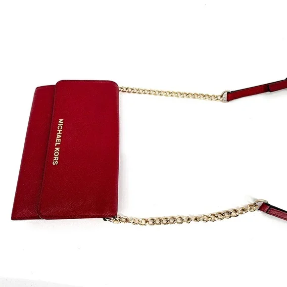 Michael Kors Jet Set Travel Saffiano Leather Crossbody Red - Gold Chain Strap EC - Picture 12 of 15